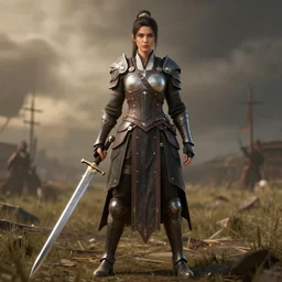 Female warrior standing on a battlefield with a one-handed sword, highly detailed, 8k, Unreal Engine 5, elegant, gallant and ambient