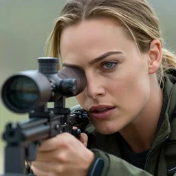 margot robbie in the american sniper, closeup action shot, looking into the scope, cinematic
