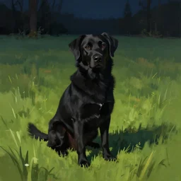 a black dog sitting in the grass at night, a digital painting by scott listfield, trending on deviantart, american scene painting, digital painting, speedpainting, digital illustration