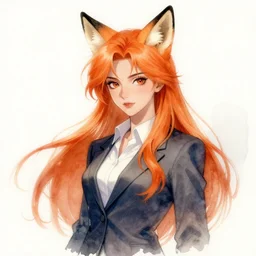 character design portrait of a beatiful chinese anthropomorphic furry fox woman with fox ears, long orange hair, wearing a suits, looking at the camera, 4 k, concept art, by wlop, wenjun lin, watercolor, ilya kuvshinov, artgerm, krenz cushart, pixiv.
