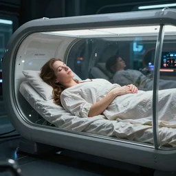 a woman sleeping in a hibernation pod by norman rockwell, side view, in the style of blade runner, high tech, photoreal, dramatic lighting, unreal engine 5, octane rendering, ray tracing