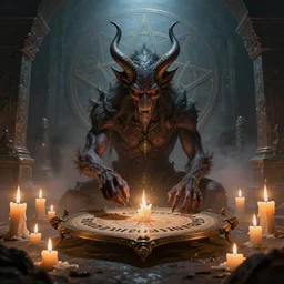 ancient demon baphomet performing necromancy using ouija board surrounded with melting candles in tomb with large pentagram on wall, light fog, dark fantasy, scifi, volumetric lights, intricate, intense detail, digital painting, artstation, concept art, soft shading, cinematic, hyperealistic, illustration, style of h. r. giger, 3 d 4 k