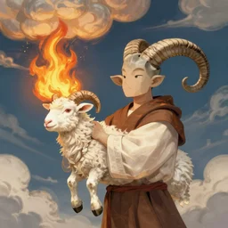 ram horned catholic monk like half-lamb brings fire down from the sky, medieval style, trending on artstation, highly detailed, digital painting, volumetric light, concept art, sharp focus, illustration