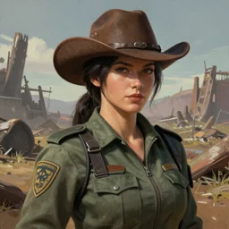 A comic book style portrait painting of a female ranger wearing cowboy hat in a post apocalyptic setting, unreal 5, DAZ, hyperrealistic, octane render, RPG portrait, dynamic lighting