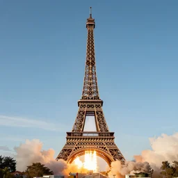 a rocket in the shape of the Eiffel tower taking off