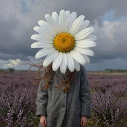 portrait, enormous daisy flower as head, a girl wearing coat in heather field, surreal photography, wind and cold, dramatic sky, impressionist painting, digital painting, artstation, simon stalenhag