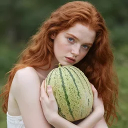 a portrait of a red headed young woman hugging a melon by Tran Ross
