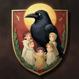 family crest depicting a raven with a halo in style studio ghibli, with dramatic lighting, concept art, matte painting, 8 k, highly detailed, artstation