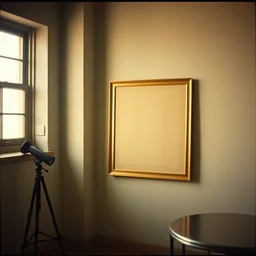 kodak portra 4 0 0, flashlight, muted colours, 1 9 2 0 s style, long shot, a large large square square picture frame near by a window, vivid photo of a room with concrete walls, tiny gaussian blur, haze, depth of field, 1 9 6 0 s metal furniture