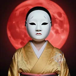 portrait of a woman with a mask on his face in the form of a spiral in a golden kimono, full face, against the background of a bright red moon, sad motif, by kris lewis, audrey kawasaki, nathan jurevicius, dramatic, soft colors, futuristic, 8 k