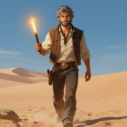 a young man with gray hair,a stylish beard,walking through a desert with a glowing stick,digital art,art by greg rutkowski,trevor henderson,rossdraws,character design,concept art,western comic style,sharp lines,photorealiatic,hyperdetailed,detailed face,high quality,professional lighting,deviantart,artstation,professional art