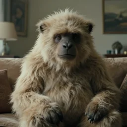 a strange huge fluffy furry creature sits in the living room, film still from the movie directed by denis villeneuve with art direction by zdzisław beksinski, close up, telephoto lens, shallow depth of field