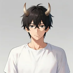 portrait of a anime half demon character by Tomohiro Shimoguchi, small two horns in the head,T-shirt,highly detailed, trending on artstation,manga,