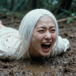1 9 7 0 s movie still close - up of a clean white japanese female ghost screaming to death going out of mud puddle, no teeth, swamp backround, cinestill 8 0 0 t 3 5 mm eastmancolor, heavy grain, high quality, noir, natural textures, photorealistic, ambient occlusion, hd, ultra wide lens, anamorphic, fade color