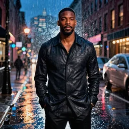 flash photography of idris elba on a rainy night on the lower east side by mark seliger, raining!!!, colorful!!, nighttime!!,