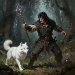 half shot of an old halfling man with black spike hair, casting a powerful spell with his quarterstaff, in a forest, strong, following him is a snow white wolf cub, d & d, fantasy, highly detailed, digital painting, artstation, concept art, character art, art by greg rutkowski and tyler jacobson and alphonse mucha