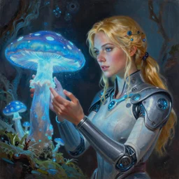 A mixed media portrait painting of a beautiful blonde biologist woman, futuristic suit, examining a giant blue glowing mushroom in a mire, detailed Aesthetic! face and eyes, slavic, by Beeple, Frank Frazetta, Greg Rutkowski, Christian MacNevin, Boris Vallejo, epic fantasy character art, high fantasy, CGsociety, exquisite detail, post-processing, masterpiece, cinematic