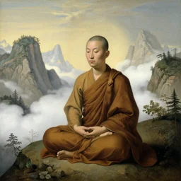 a monk meditating on the mountains, with mountains and clouds by aertsen pieter