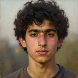 oil painting by ilya kuvshinov, baugh casey, rhads, coby whitmore, of a persian - indian college student, fair olive skin, refined features, high cheekbones, handsome, curly black hair, outdoors, highly detailed, breathtaking face, studio photography, dawn, intense subsurface scattering, blush, supple look, innocence, intense sunlight
