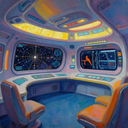 a still life painting of a star trek starfaring spaceship interior, colorful retrofuturistic 5 0 s, perspective from the side. futuristic starchart and touchscreens. in the style of noriyoshi ohrai and syd mead