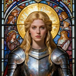 masterpiece head-on symmetrical centered portrait, Elisha Cuthbert as a saint paladin, D&D portrait, medieval era, blonde hair, prismatic golden halo around head, wearing plate armour, elegant, distant, stained glass tarot style, in the style of Edgar Maxence and Ross Tran and Zdzisław Beksiński and Michael Whelan and Mucha and Gustave Doré, specular highlights, 8k, octane render