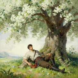 a tired warrior relaxing under a huge tree with white flowers, fantasy, painting by gaston bussiere, craig mullins, j. c. leyendecker, trending on artstation