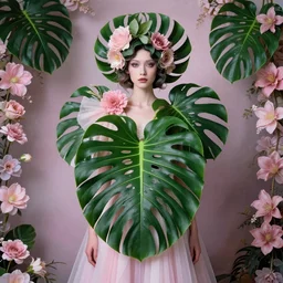 humanoid with monstera adansonii, directed gaze, haute couture, editorial photoshoot, pastel colors, fashion photography, cinematic lightning, flowers, ultra realistic, portrait photography, symmetrical, 8 k, hd, very detailed, beautiful, in the style of zdzisław beksinski