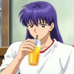 anime still of shinji drinking orange juice, 4 k, highly detailed