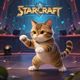 A humanoid cat playing Starcraft during a professional esports tournament. Digital art