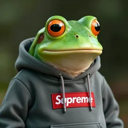 frog wearing a supreme box logo hoodie, highly detailed, extremely high quality, hd, 4 k, 8 k, professional photographer, 4 0 mp, lifelike, top - rated, award winning, cinematic, realistic, detailed lighting, detailed shadows, sharp, no blur, edited, corrected, trending