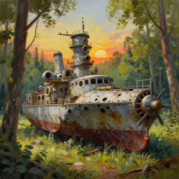 photorealistic painting of abandoned dieselpunk cargo spaceship in summer forest, brom, sunset, mucha, moebius, craig mullins, juan gimenez artstation cgsociety