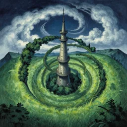 a tower, trees, nightly, spiral, naive nerikomi, weird perspective, extra narrow, detailed illustration, scenic spiral environment by rhads from lorax movie, trending artstation, true color, fisheye, grass field mountainous terrain, spiral clouds