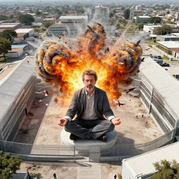 birds eye view of el chapo exploding out of prison in deep meditation. clear sunny day. 4k