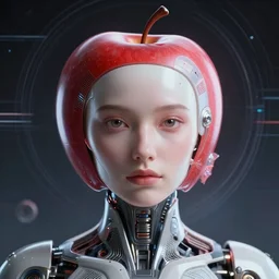 retrofuturistic portrait apple humanoid, space graphics art in background, close up, wlop, dan mumford, artgerm, liam brazier, peter mohrbacher, 8 k, raw, featured in artstation, octane render, cinematic, elegant, intricate, 8 k