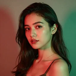 portrait of beautiful woman , red and green led, 85 mm f1.4