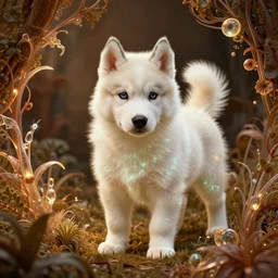 white alaskan husky puppy creature creature in a lush vegetation, warm tones, bioluminescent bioluminescent translucent translucent : : by guillermo del toro, daniel merriam, victo ngai and michal karcz : : ornate, dynamic, particulate, intricate, elegant, highly detailed, centered, artstation, smooth, sharp focus, octane render