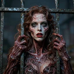 a woman embedded in an iron fence, john carpenter body horror, eighties practical horror special effects, cosmic horror, body horror, protruding metal, trending on zbrush central, neoplasticism, lovecraftian, zbrush, biomorphic, midjourney, nightcafe