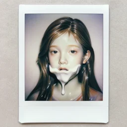 a porcelain portrait of a girl face melt down like an ice cream, realistic detailed photography polaroid