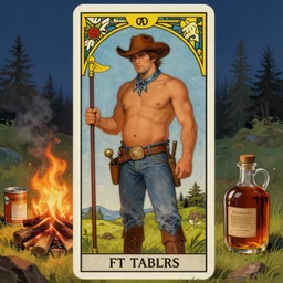 an ethereal tarot painting of a handsome shirtless cowboy with a stocky build and beer belly | background is a serene campfire | cans of beans and jugs of whisky | tarot card, art deco, art nouveau | by Mark Maggiori | trending on artstation