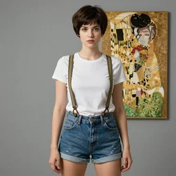 a girl with pixie cut in shorts with suspenders drawn by slb, frank frazetta, ralph bakshi, alphonse mucha, gustav klimt 8k, 4k, unreal 5, DAZ, trending on artstation, octane render, hyperrealistic