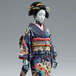 full body portrait of a Japanese robot geisha with kanji tattoos and decals wearing a digital pixelated kimono, intricate, octane render, ultra fine detailed, character design, trending on artstation