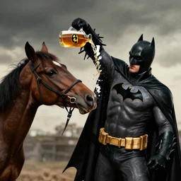 batman pouring a pint for a horse aggressively