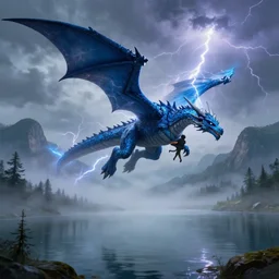 blue lightning dragon flying over big lake, holding person, misty fog, mountains in background, thunder and lightning, dungeons and dragons, highly detailed, digital illustration, art by greg rutkowski