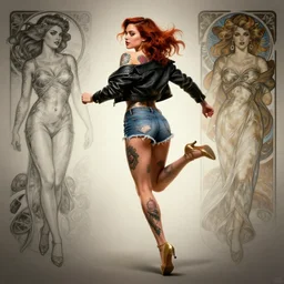 tattooed pinup girl rosario dawson wearing a jacket and ripped shorts running and jumping, character sheet, contrast, deep focus, turnaround, highly detailed, dramatic lighting, rear view, ultra wide angle, digital painting, artstation, concept art, matte, sharp focus, illustration, elegant, art by artgerm and greg rutkowski and alphonse mucha.