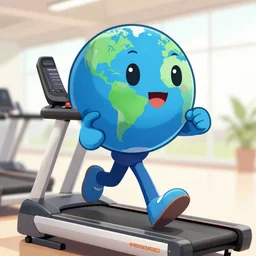 world mascot running on treadmil
