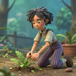 a stopmotion animation character, a beautiful and mad canadian woman, on her knees, pulling weeds out frantically, some grey hair, stripey pants, octane render, 8 k, kubo and the two strings,