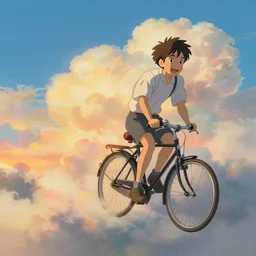 A whimsical painting of a happy man flying in the sky on his bicycle in the clouds, beautiful flowing feeling, sunset, dramatic angle, realistic and detailed, by studio trigger,  by Makoto Shinkai rossdraws and Wojtek Fus
