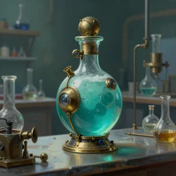 a painting of a steampunk mechanical vintage aquamarine colored potion bottle on a counter in a lab by h. r. giger, hyperrealistic fantasy art, concept matte, ethereal, dreamy, digital art, trending on artstation, volumetric cinematic lighting