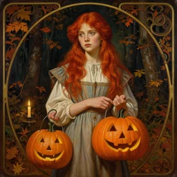 an art nouveau candlelit portrait painting of a thoughtful girl resembling a young, shy, redheaded alicia vikander or millie bobby brown wearing peasant dress carrying a jack - o - lantern in a fall forest at night, highly detailed, intricate, concept art, artstation, by donato giancola, alphonse mucha, and william bouguereau