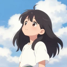 cute anime girl looking in the sky surrounded by clouds
